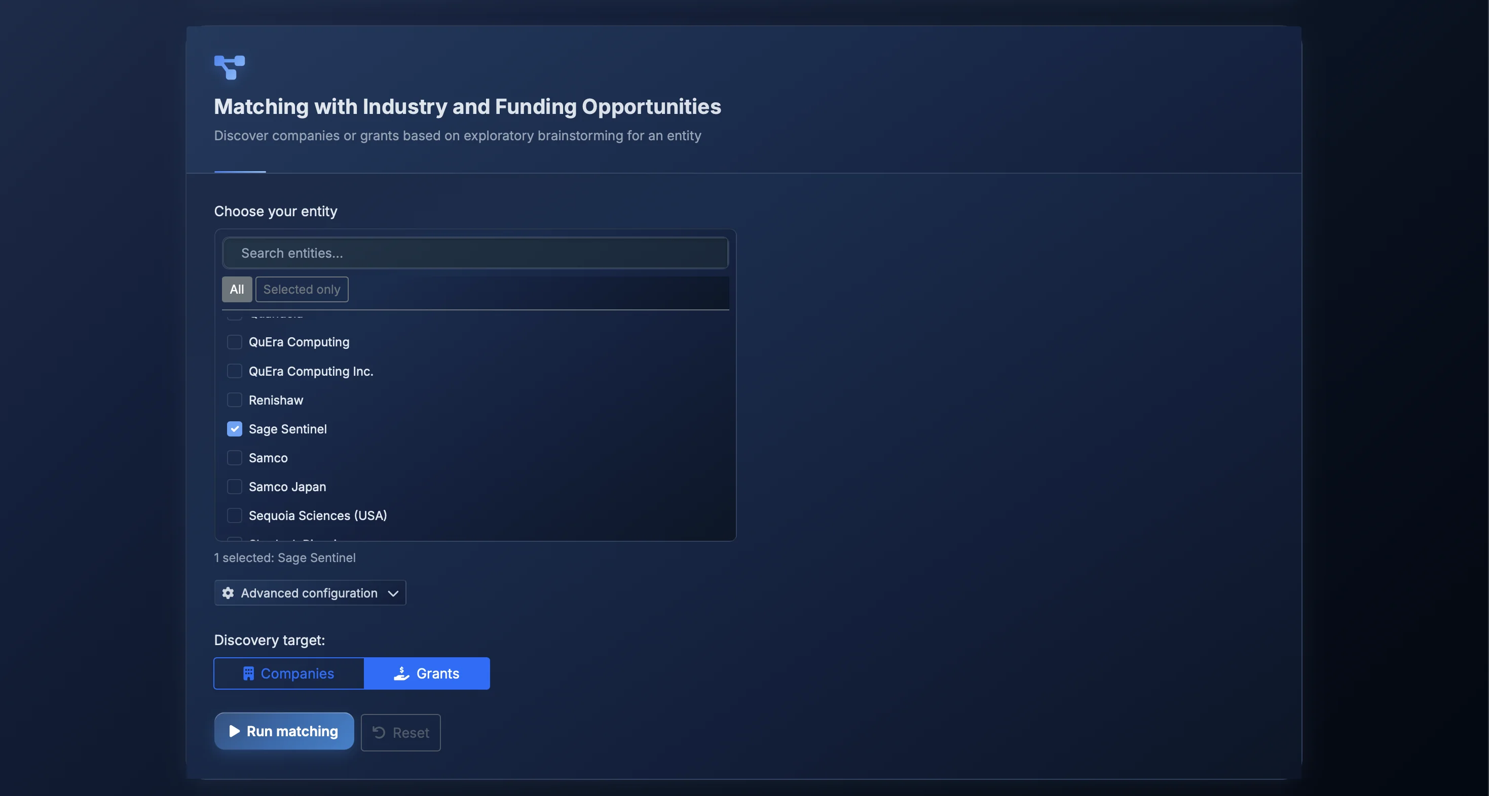 Find suitable grants aligned to each organization-startup opportunity path